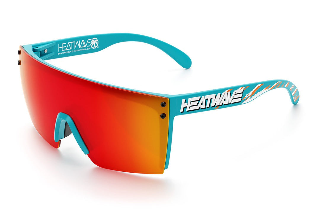 Heat Wave Visual Lazer Face Sunglasses with teal frame, bolt smoker print arms and sunblast orange yellow lens.