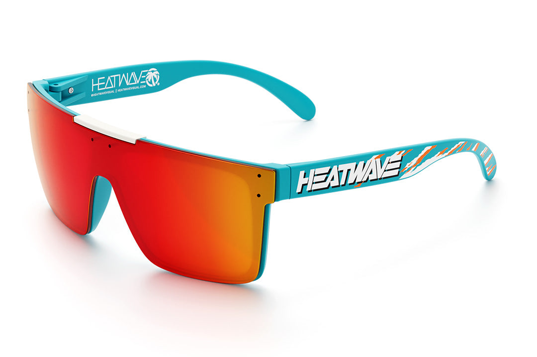 Heat Wave Visual Quatro Sunglasses with teal frame, bolt logo print arms and sunblast orange yellow lens.