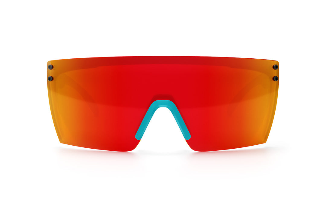 Front view of Heat Wave Visual Lazer Face Sunglasses with teal frame, bolt smoker print arms and sunblast orange yellow lens.