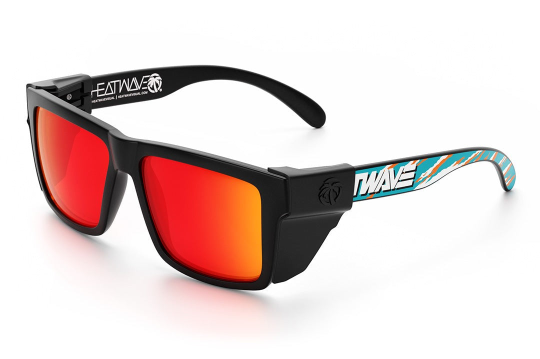 Heat Wave Visual Vise Z87 Sunglasses with black frame, bolt smoker print arms, sunblast orange yellow lenses and black side shields.