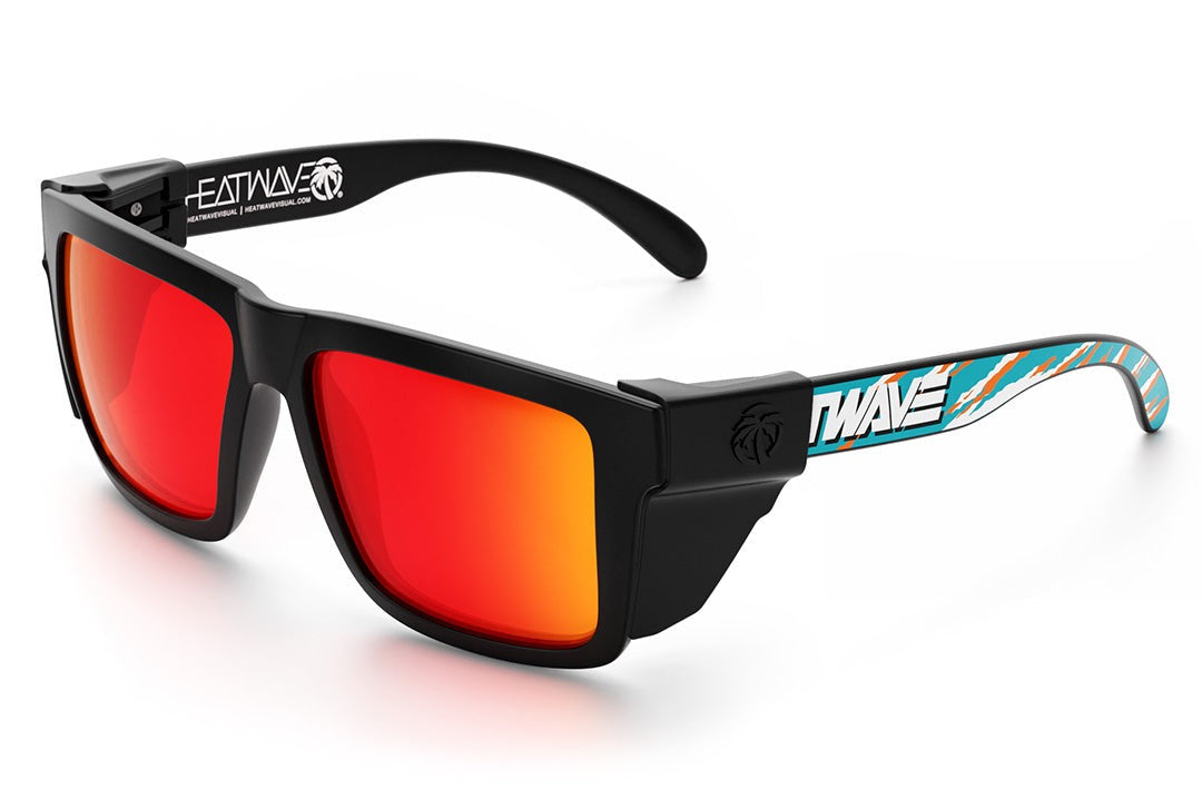 Heat Wave Visual XL Vise Sunglasses with black frame, bolt smoker print arms, sunblast orange yellow lenses and black side shields.