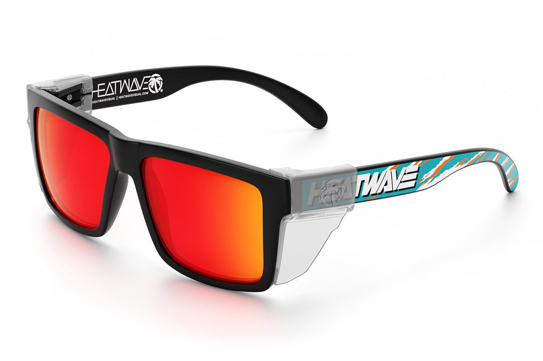 Heat Wave Visual Vise Z87 Sunglasses with black frame, bolt smoker print arms, sunblast orange yellow lenses and clear side shields.