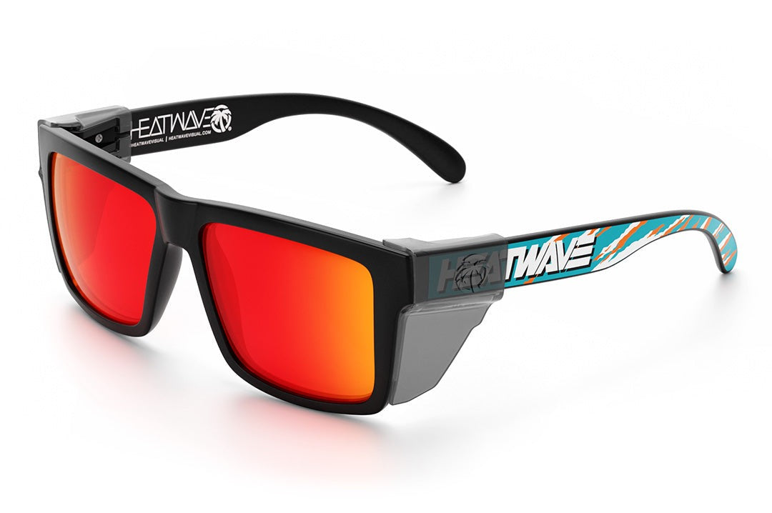 Heat Wave Visual Vise Z87 Sunglasses with black frame, bolt smoker print arms, sunblast orange yellow lenses and smoke side shields.