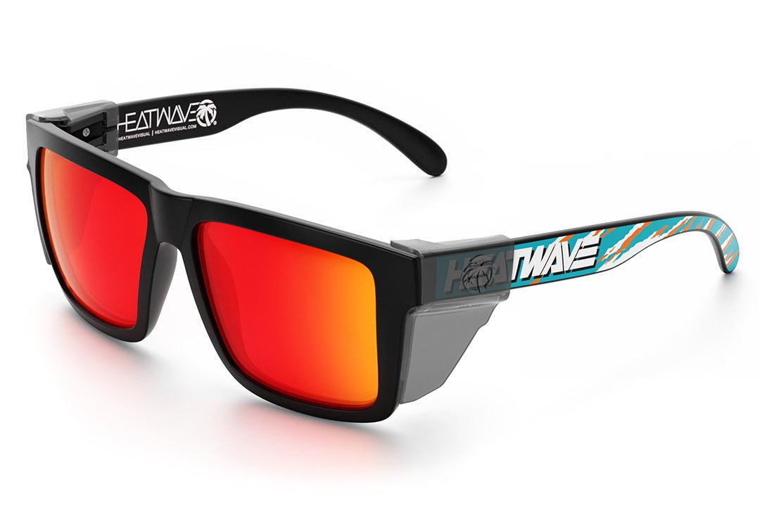 Heat Wave Visual XL Vise Sunglasses with black frame, bolt smoker print arms, sunblast orange yellow lenses and smoke side shields.