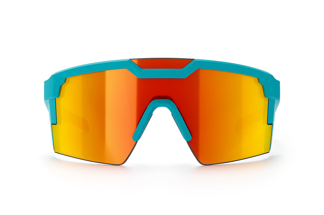 Heat Wave Visual Future Tech Sunglasses with teal frame and orange red lens.
