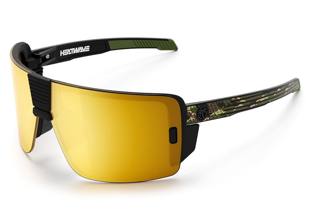 Heat Wave Visual Vector Sunglasses with black frame, camocom arms and gold lens.