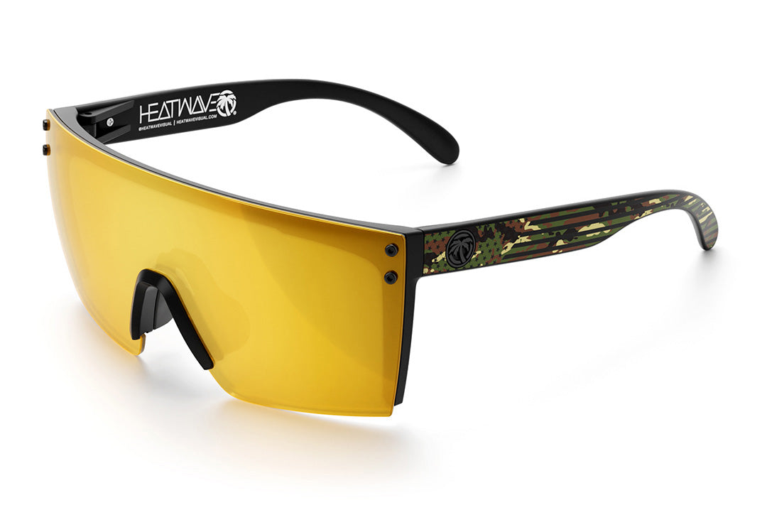 Heat Wave Visual Lazer Face Sunglasses with black frame, camocom arms and gold lens.