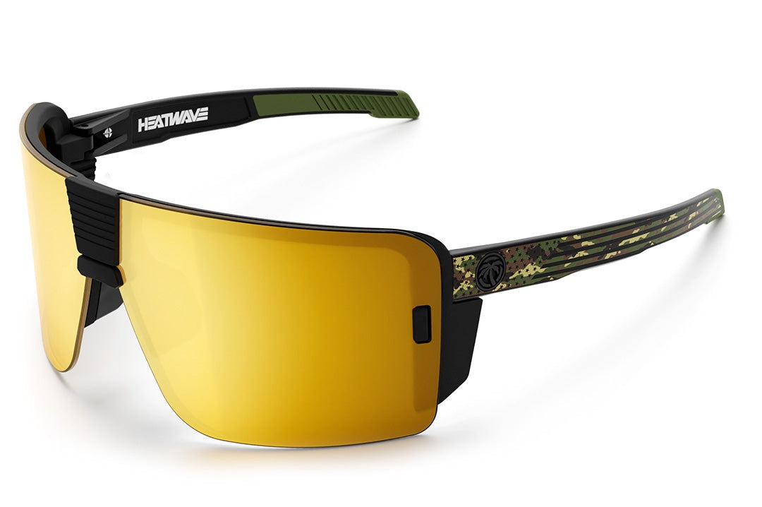 Heat Wave Visual XL Vector Sunglasses with black frame, camocom arms and gold lens.