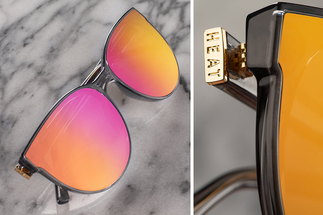 Close up of the arms on the Heat Wave Visual Carat Sunglasses with quartz frames and rose gold lenses.