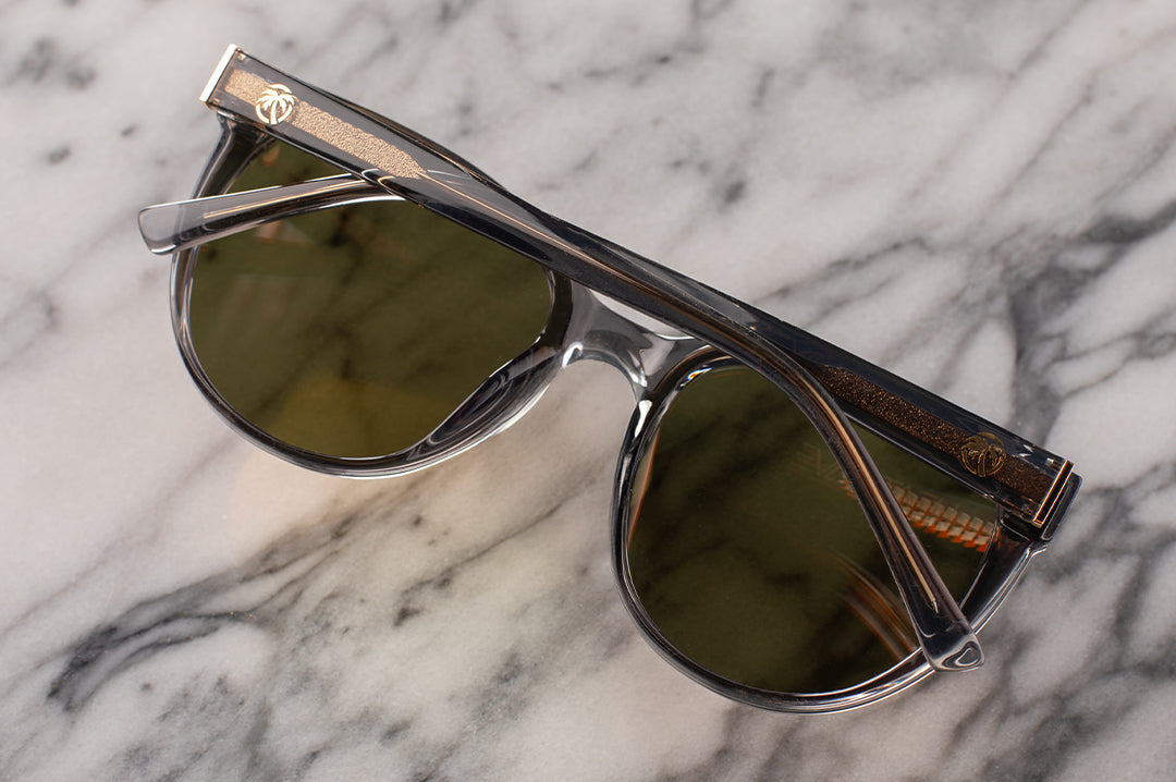 Back side of the Heat Wave Visual Carat Sunglasses with quartz frames and rose gold lenses.