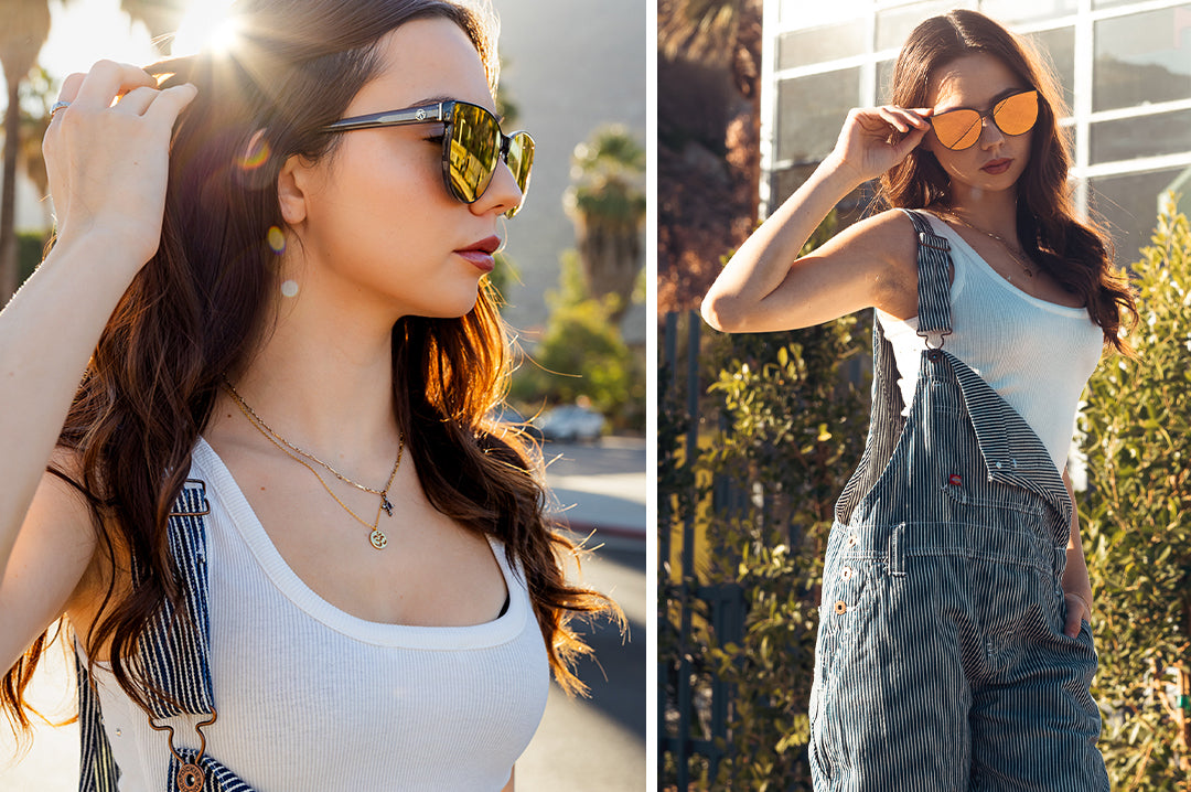 Young woman wearing the Heat Wave Visual Carat Sunglasses with quartz frames and rose gold lenses.