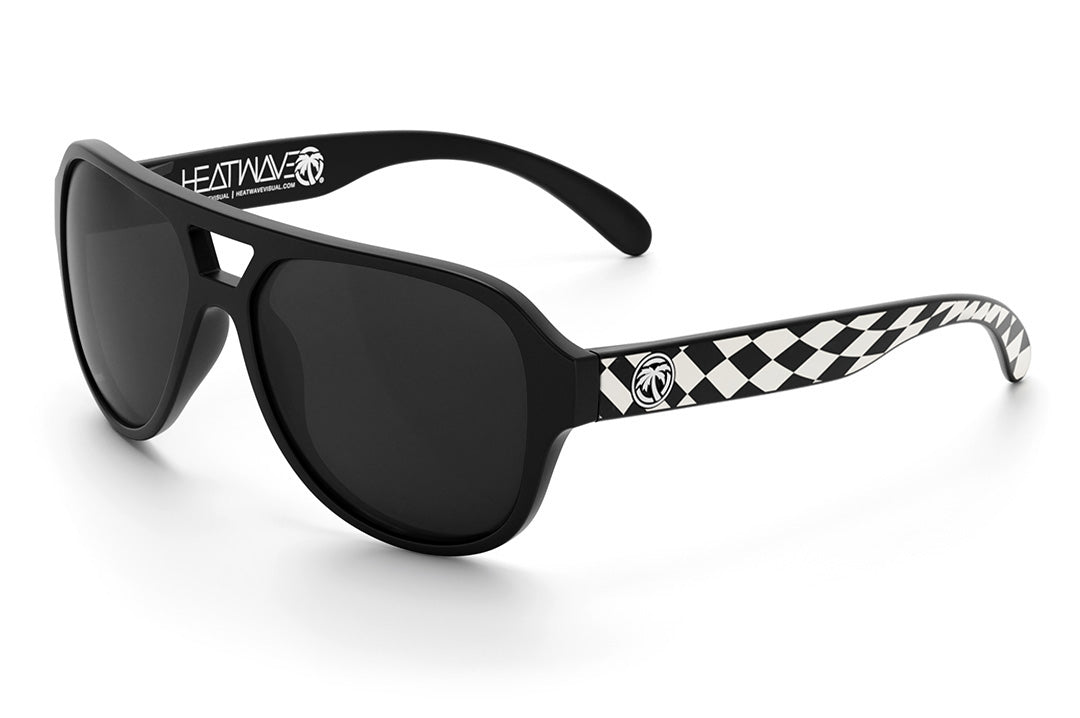 Heat Wave Visual Supercat Sunglasses with black frame, checkered arms and black lenses.
