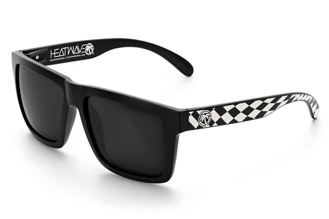 Heat Wave Visual XL Vise Sunglasses with black frame, checkered arms and black lenses.