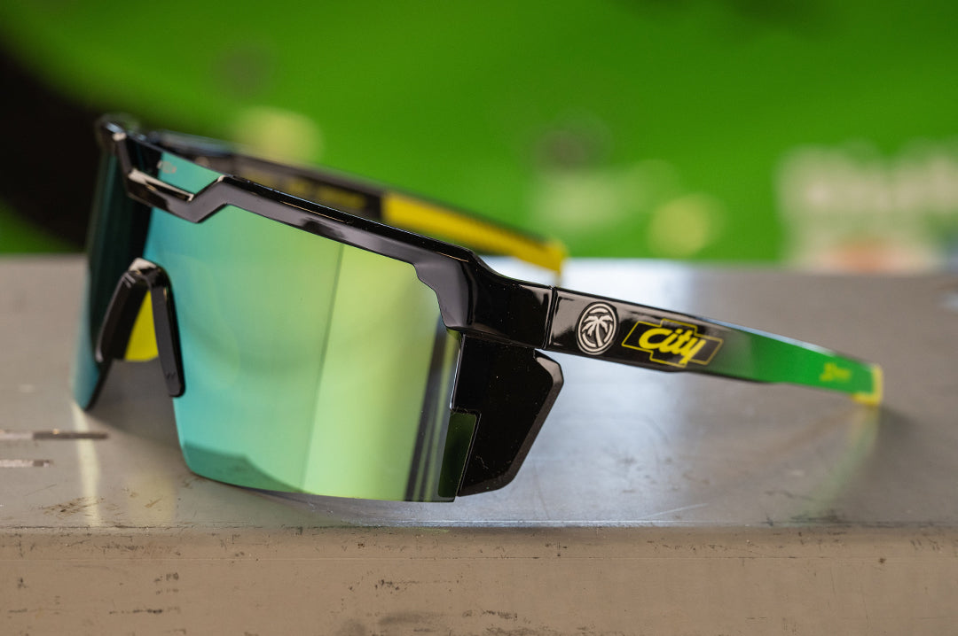 City of Chevrolet X HWV Future Tech Sunglasses sitting on a metal table. 