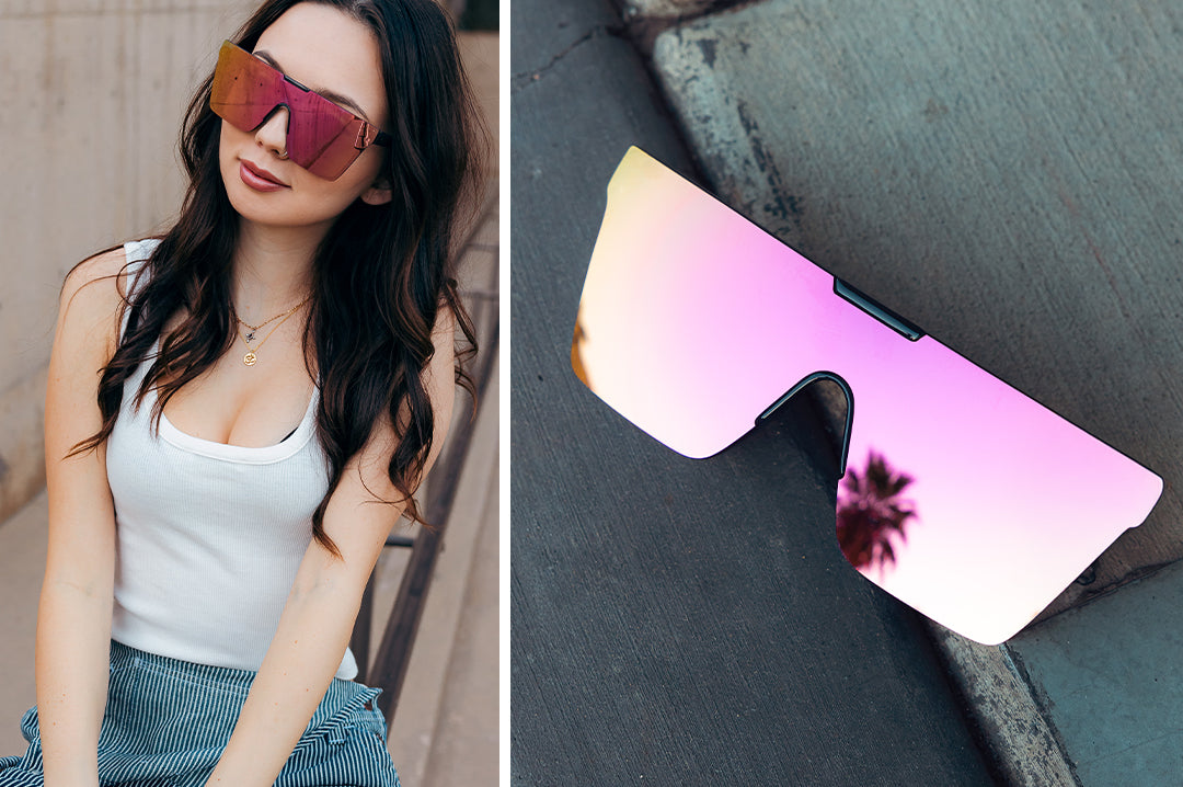 Young model outside wearing the Heat Wave Visual Clarity Sunglasses with quartz frames and rose gold lens.