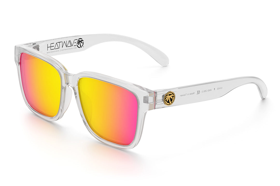 Heat Wave Visual Apollo Sunglasses with clear frame and tropic pink yellow lenses.