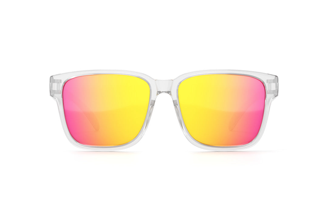 Front of Heat Wave Visual Apollo Sunglasses with clear frame and tropic pink yellow lenses.