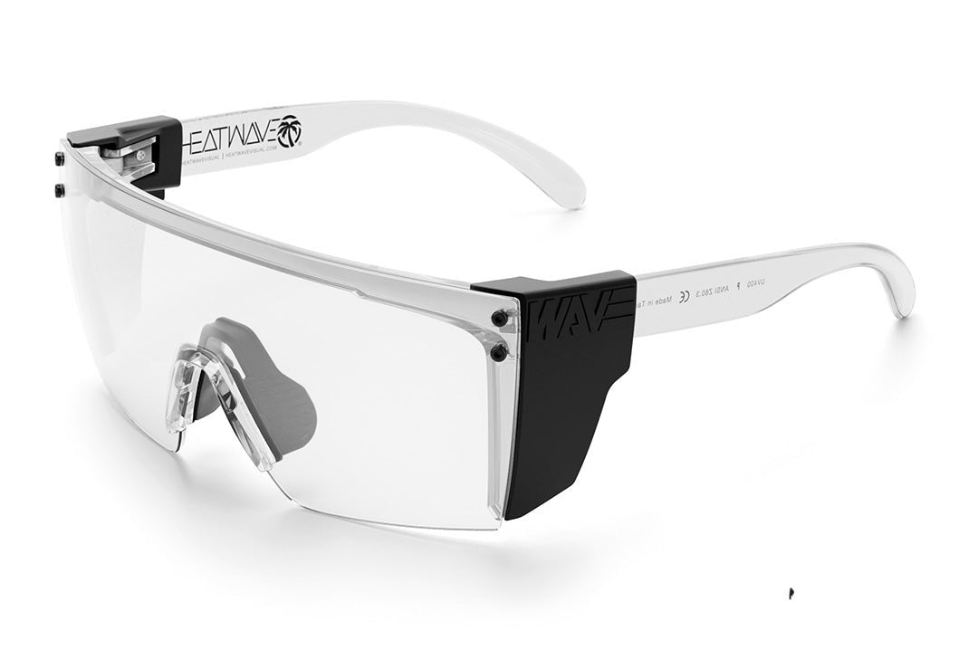 Heat Wave Visual Lazer Face Z87 Sunglasses with clear frame, anti-fog clear lens and black side shields.