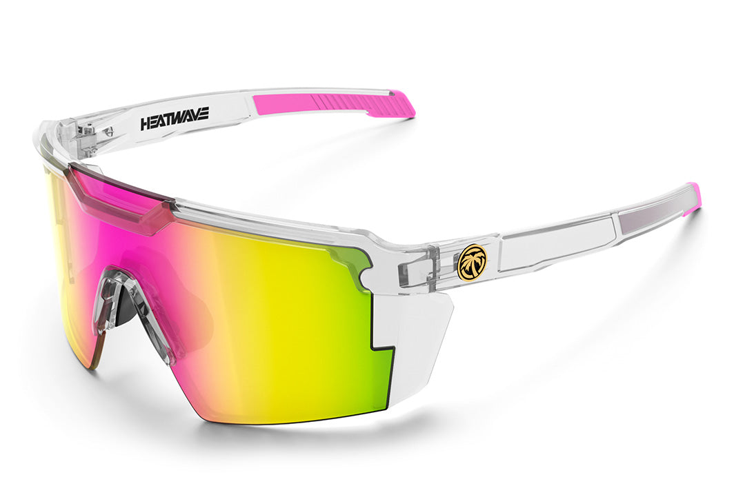 Heat Wave Visual Future Tech Sunglasses with clear frame and spectrum pink yellow lens.