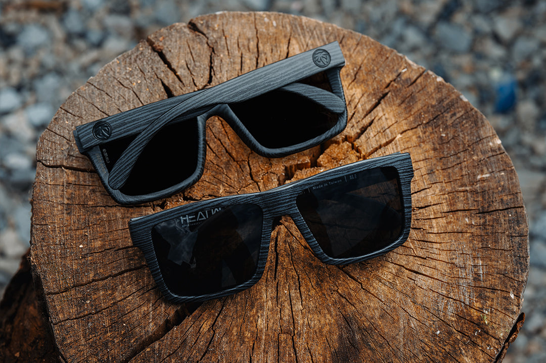 Two pairs of the VISE Z87 Sunglasses: Deadwood on a tree stump