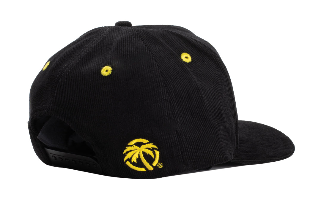 Side view of the Heat Wave x Tall Boy Eagle Cord Hat - Black on a white background