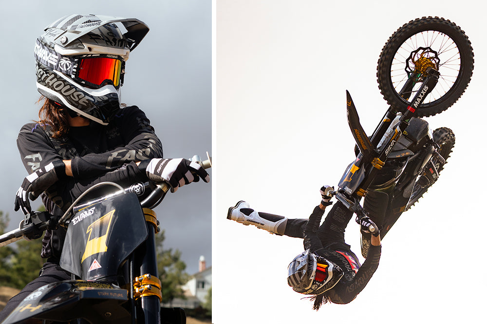 Patrick Evan rocking the Heat Wave Visual MXG 250 Motorsport Goggles in the Patrick Evans zebra stirpe color with firestorm red lens.
