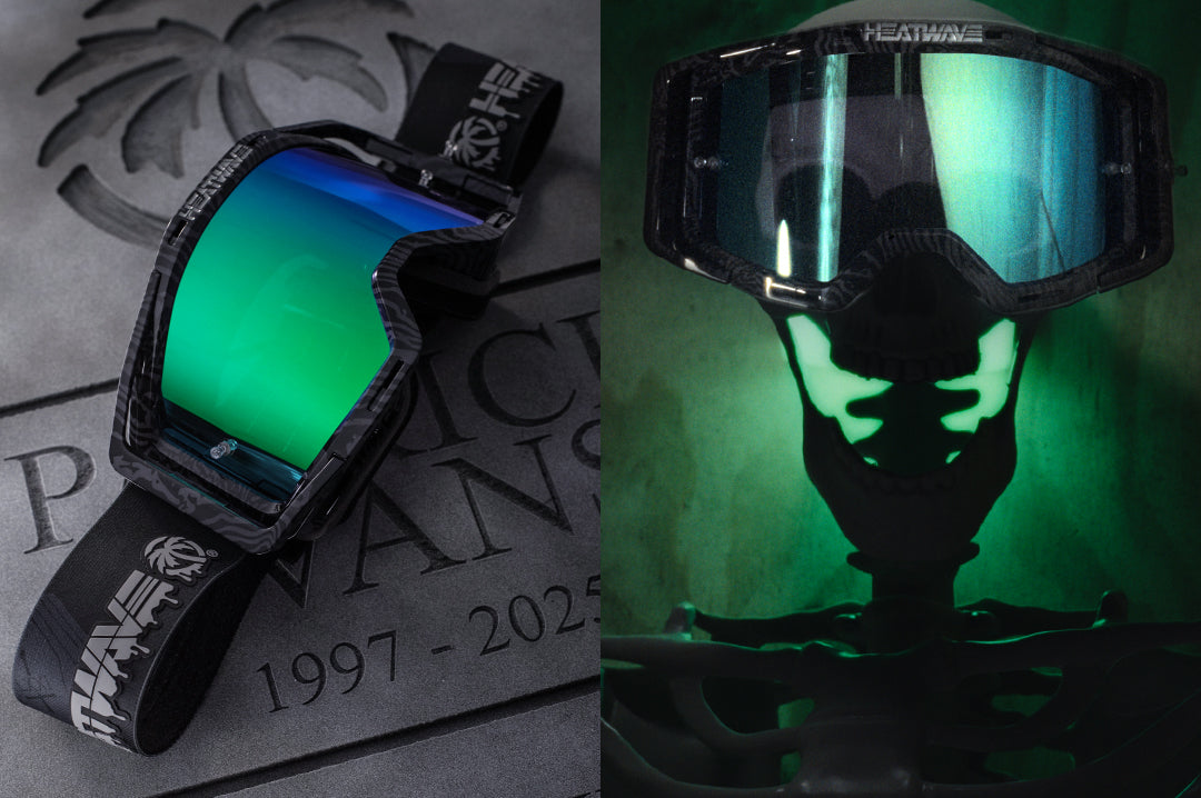 A skeleton wearing the Heat Wave Visual MXG 250 Motosport Goggle in the Patrick Evans color way with a piff lens.