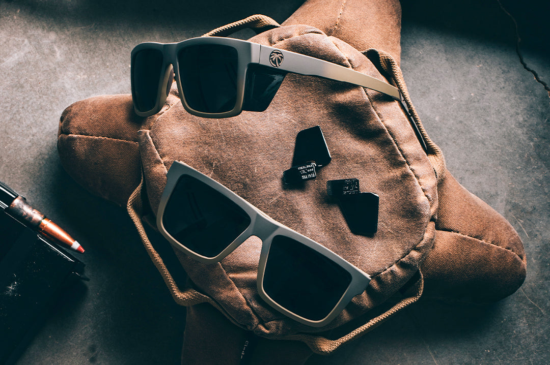 The Performance XL VISE Sunglasses: FDE Fader Z87+ on a brown bag