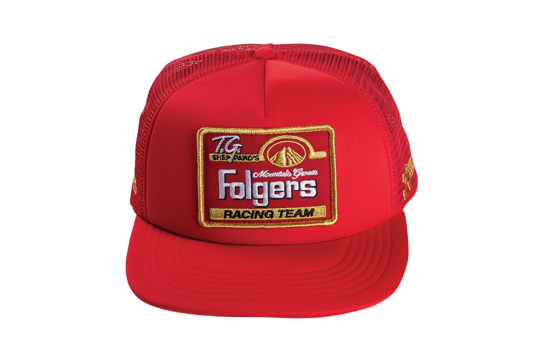 Front angle shot of the HWV Trucker Hat: Hendrick Motorsports | Tim Richmond 25 Folgers on a white background