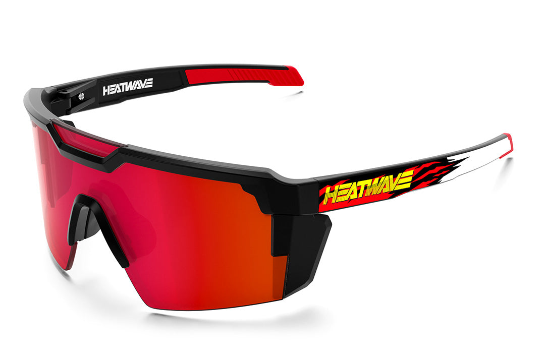 Heat Wave Visual Future Tech Sunglasses with black frame, 1-800 Heat Wave print arms and firestorm red lens.