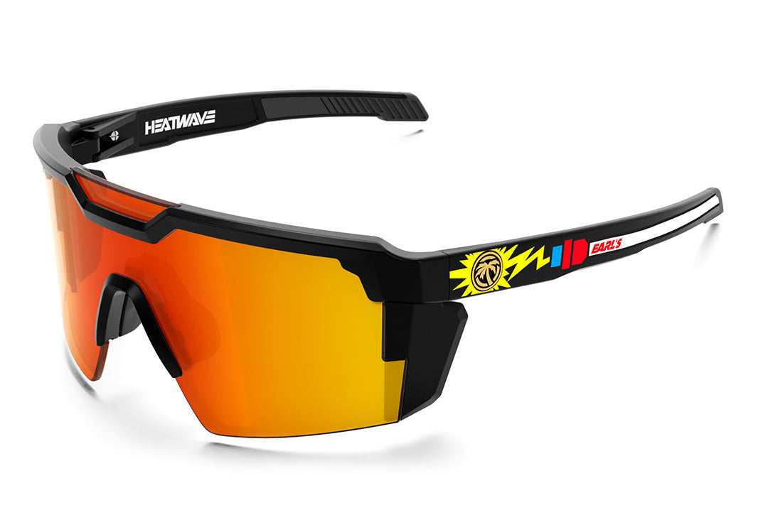 Heat Wave Visual Future Tech Sunglasses with black frame, Earl's x HWV collab and sunblast orange yellow lenses.