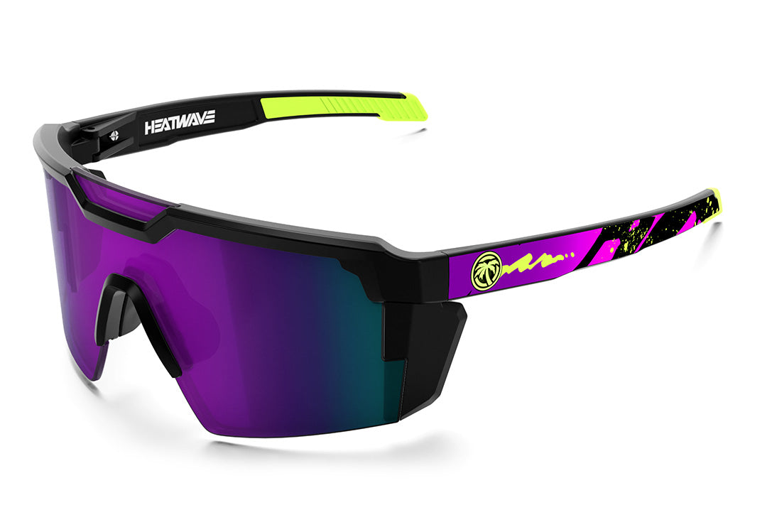 Heat Wave Visual Future Tech Sunglasses with black frame, gel print arms and ultra violet lens.