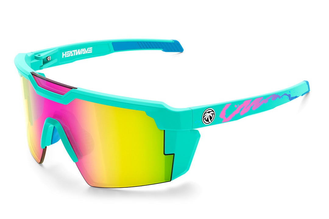 Heat Wave Visual Future Tech Sunglasses with teal frame, hypersplash print arms and spectrum pink yellow lens. 