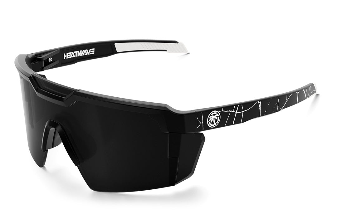 Heat Wave Visual Future Tech Sunglasses with black frame, shreddy print arms and black lens.