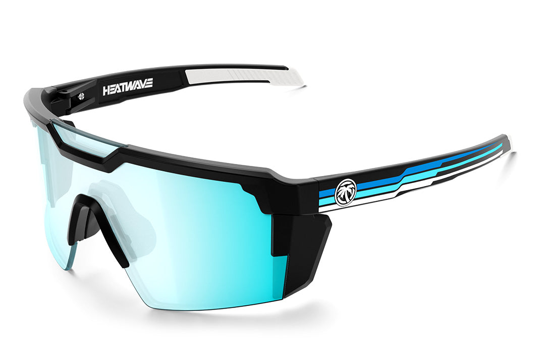 Heat Wave Visual Future Tech Sunglasses with black frame, side stripe blue print arms and arctic chrome lens. 