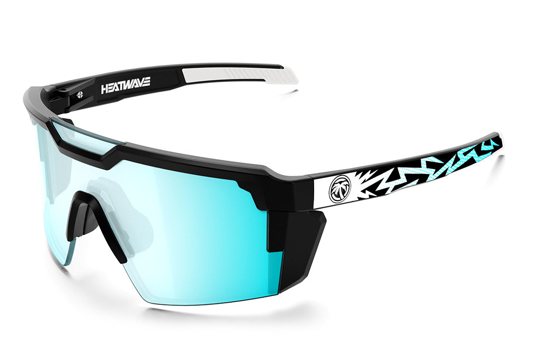 Heat Wave Visual Future Tech Sunglasses with black frame, tallboy bolt print arms and arctic chrome lens.