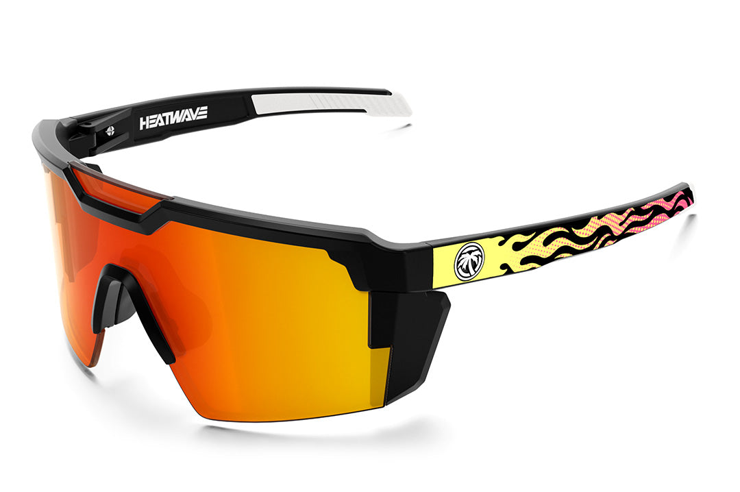 Heat Wave Visual Future Tech Sunglasses with black frame, tallboy flameout print arms and sunblast orange yellow lens. 