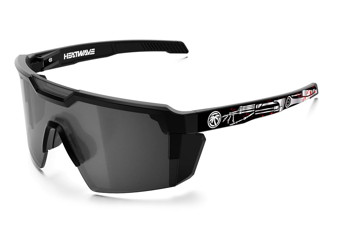 Heat Wave Visual Future Tech Sunglasses with black frame, tech noir print arms and silver lens.