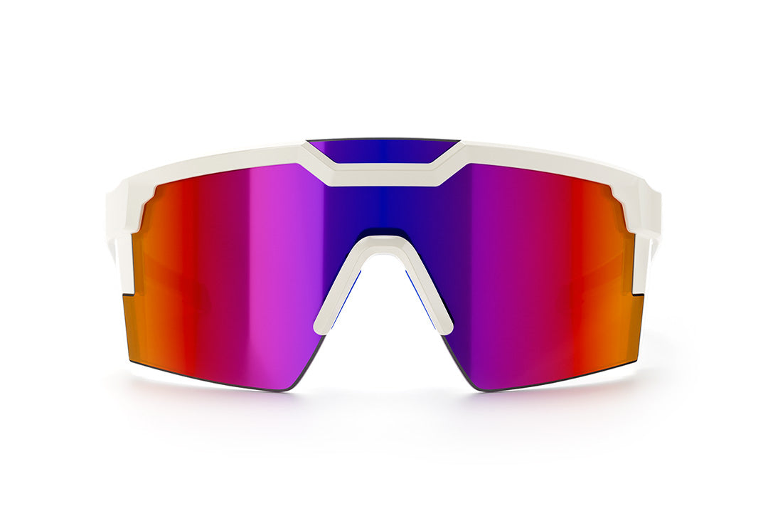 Front view of the Heat Wave Visual Future Tech Sunglasses with gloss white frame, wild print arms and atmosphere lens.