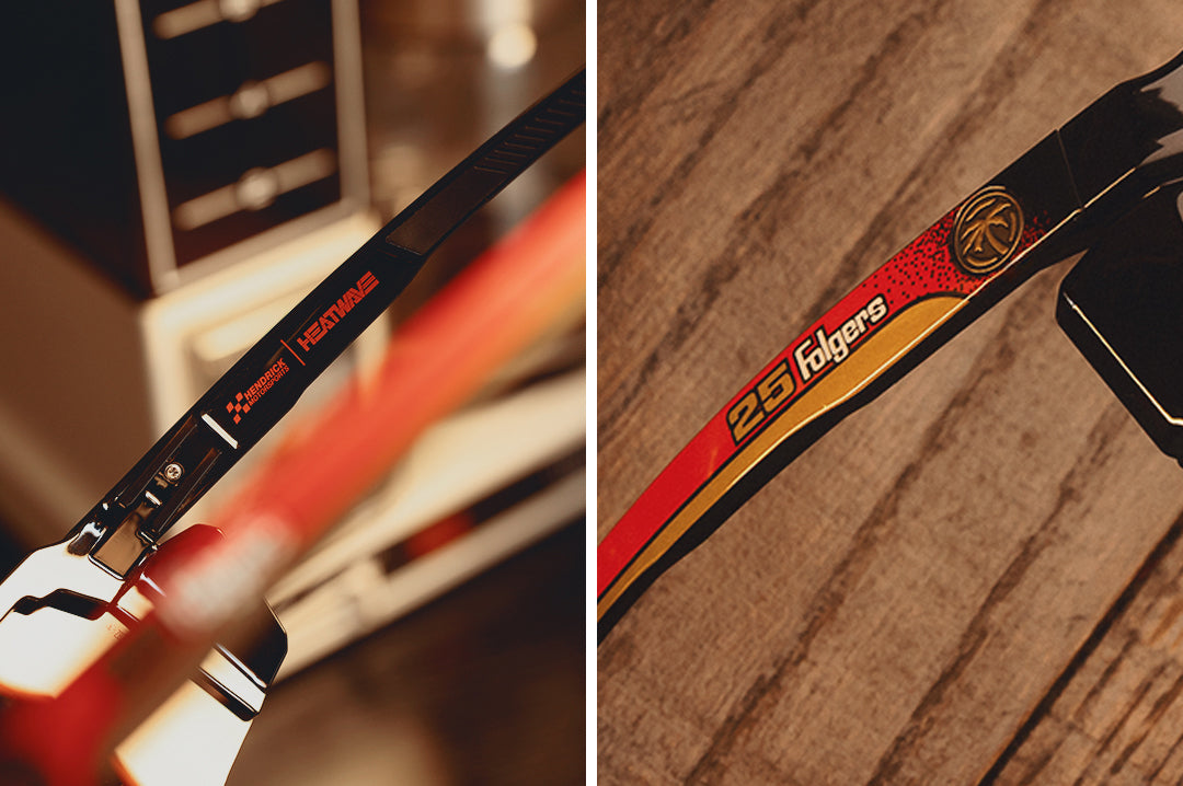 Close up shot of the Future Tech Sunglasses: Hendrick Motorsports | Tim Richmond 25 Folgers arms