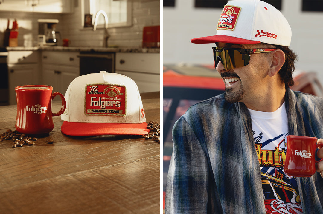 Man wearing the HWV 5 Panel Hat: Hendrick Motorsports | Tim Richmond 25 Folgers and the hat on a table next to cup of coffee