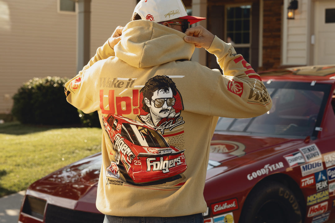 Man wearing the HWV Hoodie: Hendrick Motorsports | Tim Richmond 25 Folgers