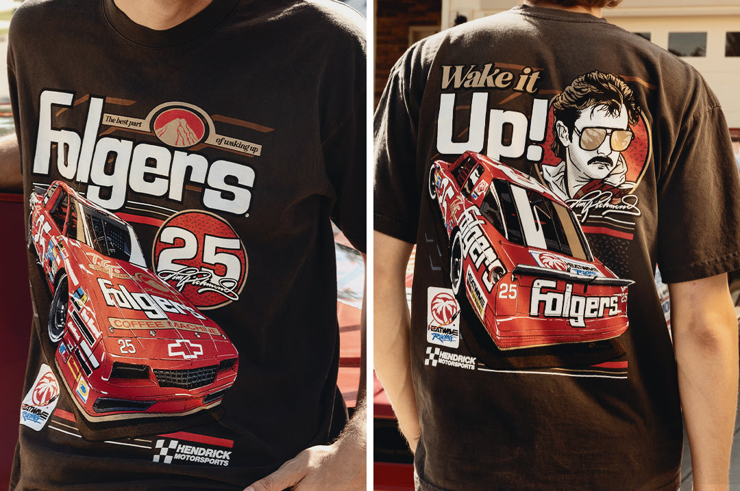 Man wearing the HWV T-Shirt: Hendrick Motorsports | Tim Richmond 25 Folgers showing the front and back