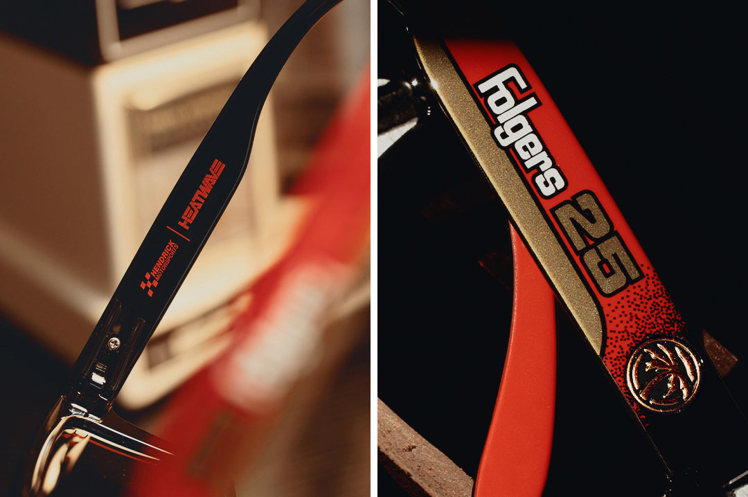 Close up of the XL VISE Z87 Sunglasses: Hendrick Motorsports | Tim Richmond 25 Folgers arms
