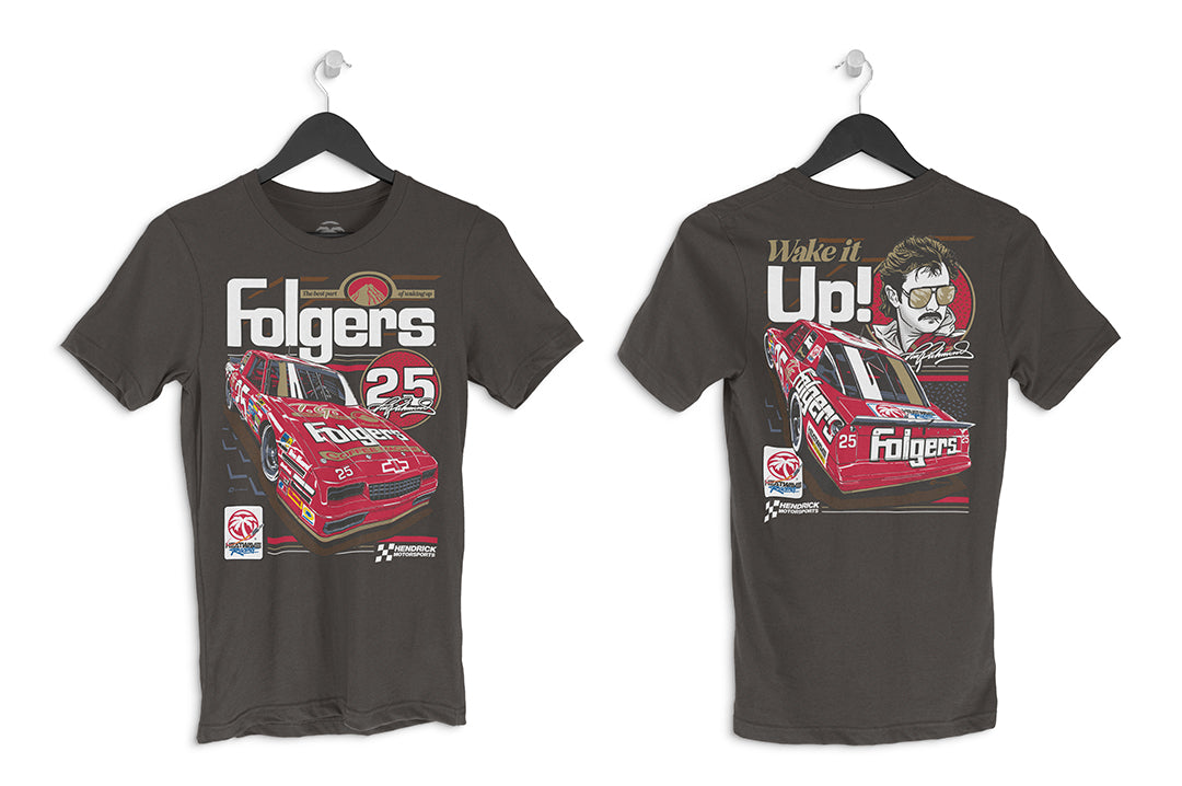 Front and back of the HWV T-Shirt: Hendrick Motorsports | Tim Richmond #25 Folgers on a white background
