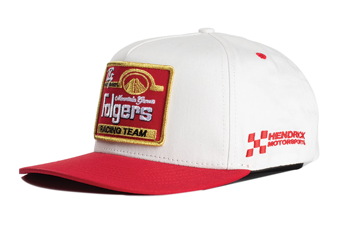 3/4 angle shot of the HWV 5 Panel Hat: Hendrick Motorsports | Tim Richmond 25 Folgers on a white background