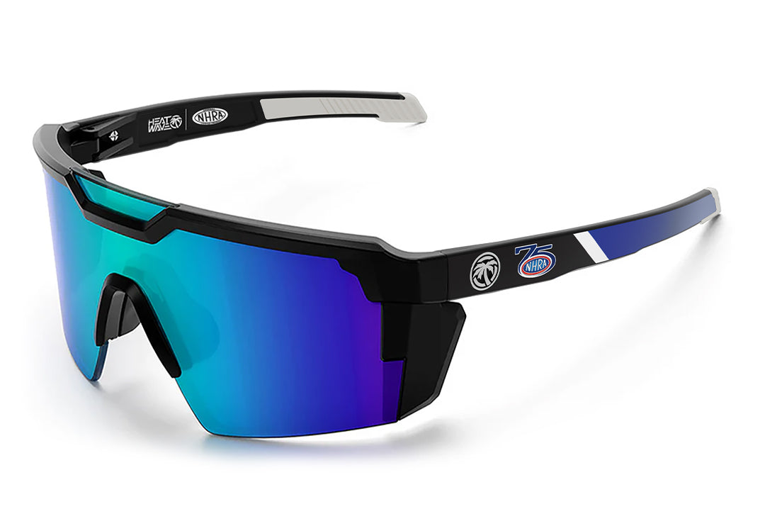 3/4 angle shot of the Future Tech Sunglasses: NHRA with galaxy blue lens on a white background.