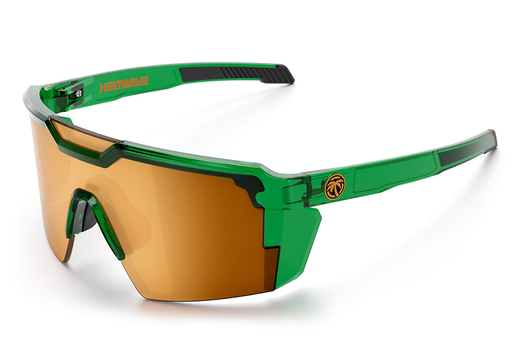 3/4th angle shot of the Future Tech Sunglasses: Cycad Green Z87+ on a white background.