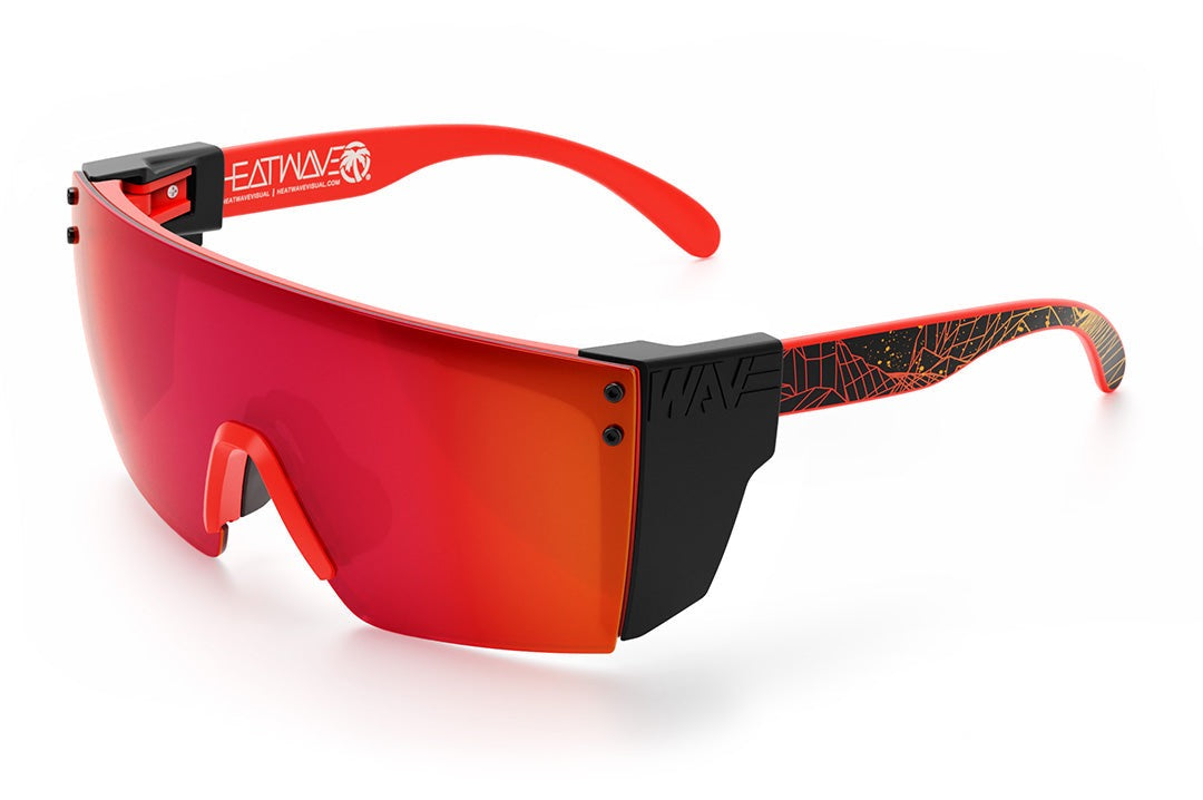 Heat Wave Visual Lazer Face Z87 Sunglasses with neon red frame, girdwave print arms, firestorm red lens and black side shields.