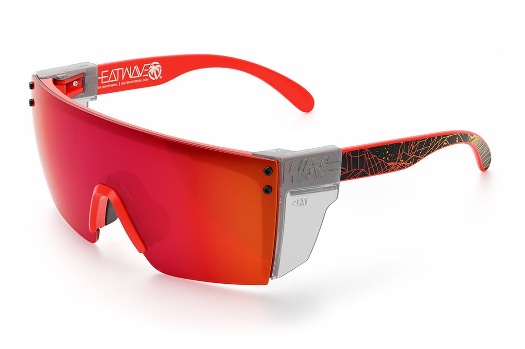 Heat Wave Visual Lazer Face Z87 Sunglasses with neon red frame, girdwave print arms, firestorm red lens and clear side shields.